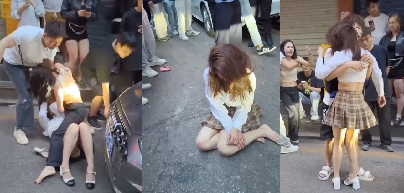 大街上一妇女抓着一年轻女子暴打 走前一看才知道是老公出轨被原配抓！