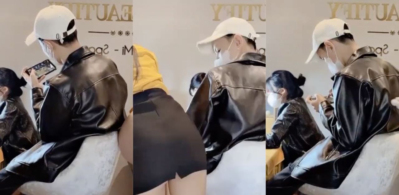 男子等女友做美甲，被其他美女故意露出勾引！实在刺激！