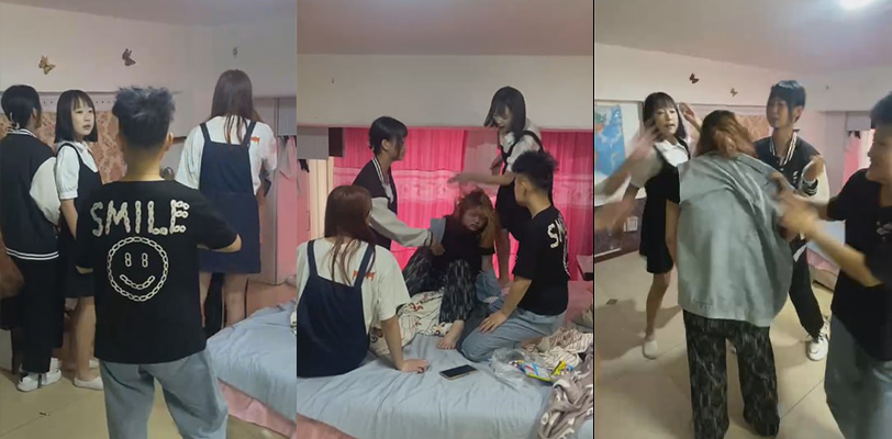 黄毛胖妹被一群精神小妹在宾馆殴打霸凌，巴掌直接往脸上后脑勺招呼