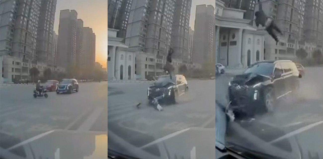 西安外事学院车祸现场视频曝光 凯迪拉克高速撞飞电动车 行车记录仪流出