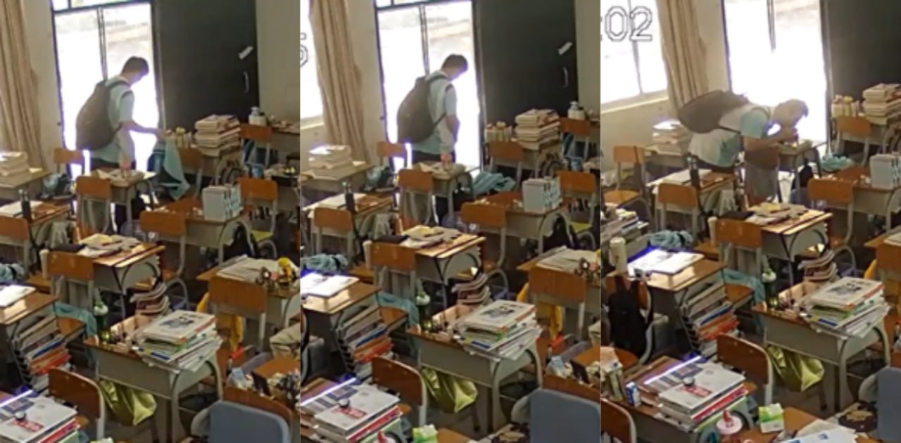 好变态！广东华侨中学一高三男生趁全班没人 拿同班女生衣服打飞机 还喝光了好几个女生的水！