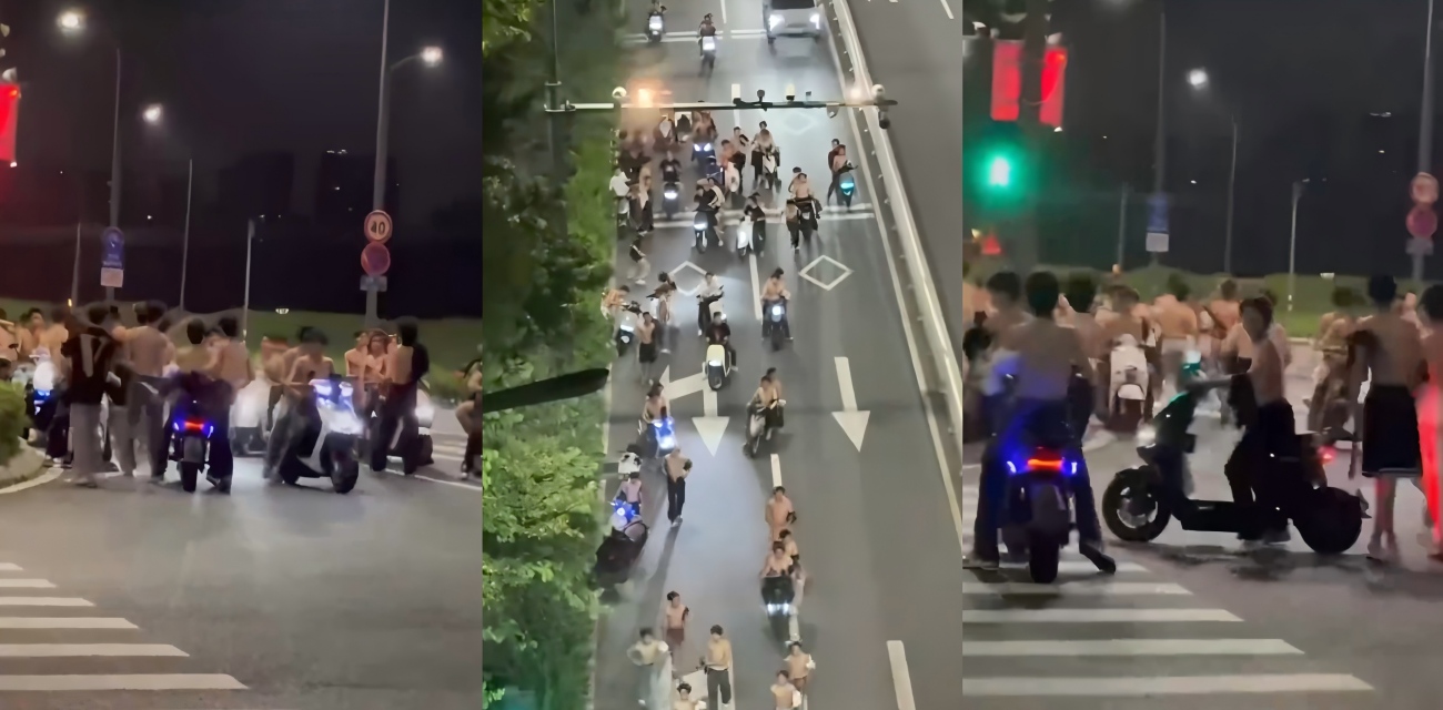 广东街头精神小伙群殴 光膀子铁棍抡 摩托砰撞 活脱脱古惑仔真人版