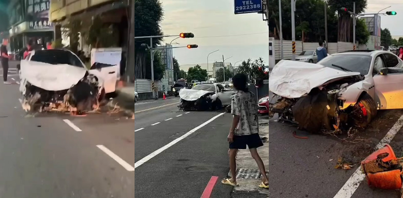台南玛莎拉蒂飞车惨案 视频曝光 清晨5点豪车失控撞3车 车头毁成废铁零件满地飞