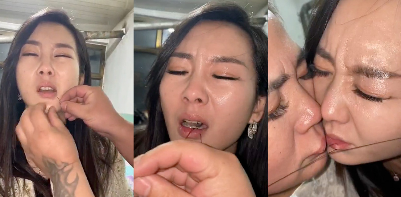 父亲将女儿和妈妈的嘴缝到一起 看着就疼 这一家子真是玩得太花了