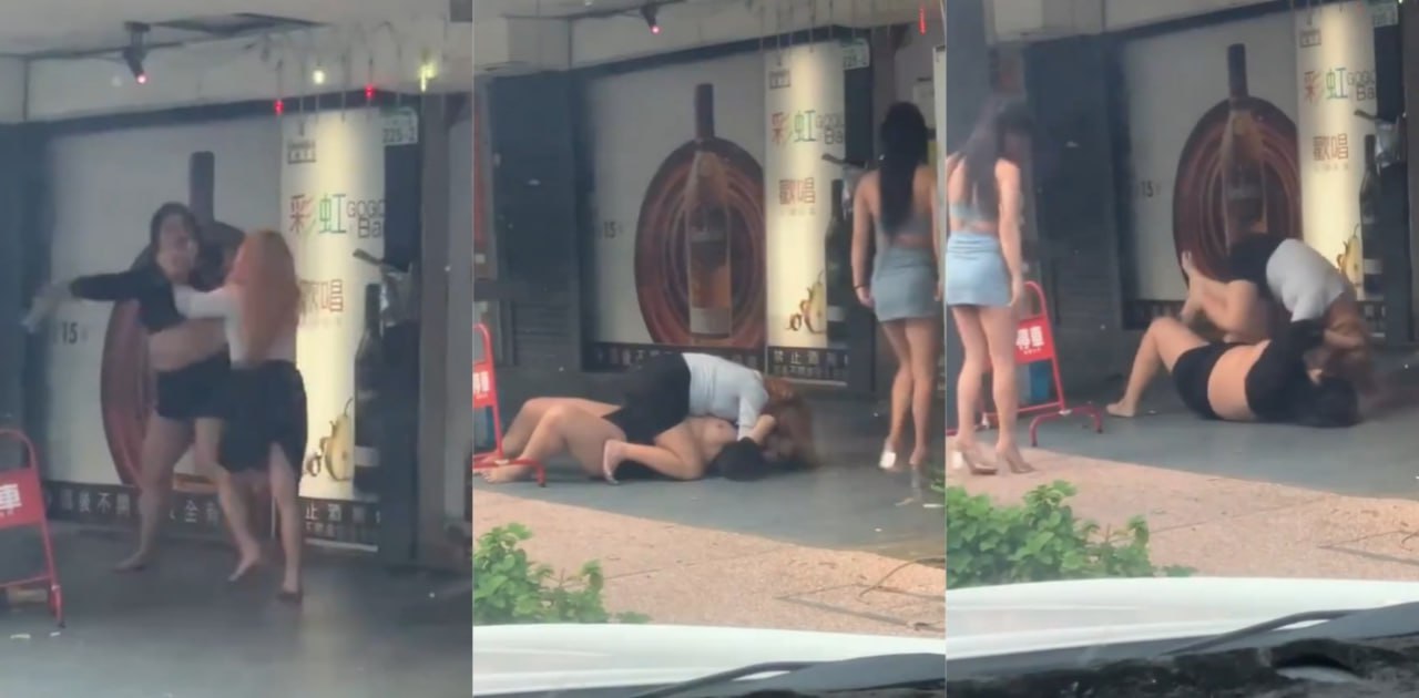 台妹酒店门口起争执 两人扭打在一起笑翻路人 白长的300斤肉了直接被打翻在地