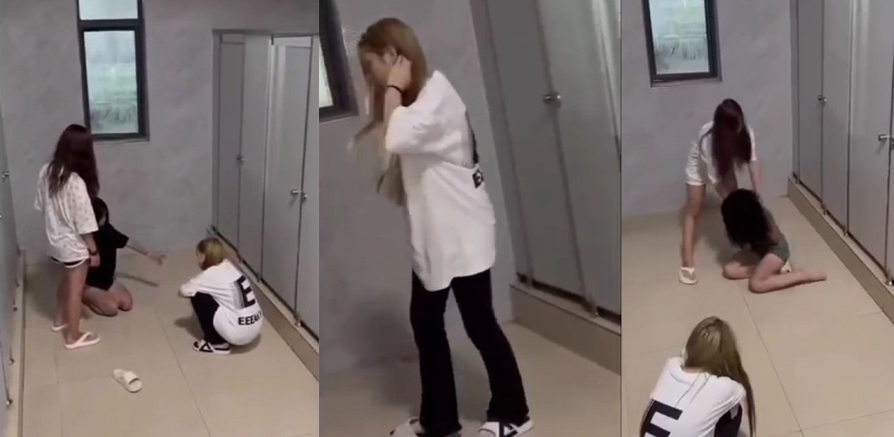 校园霸凌视频流出!高中生小妹被精神小妹堵在厕所欺凌!
