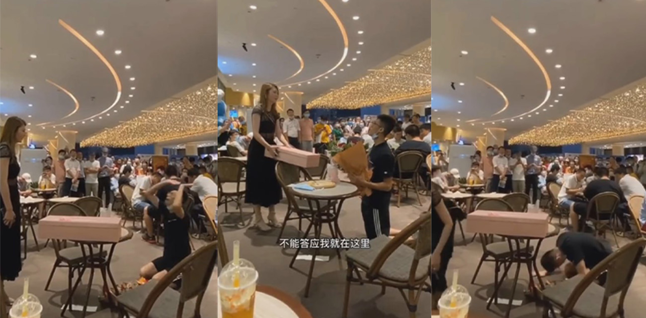 小个子男生餐厅表白大长腿美女 被拒绝下跪磕头躺地耍无赖 好家伙想要小马拉大车