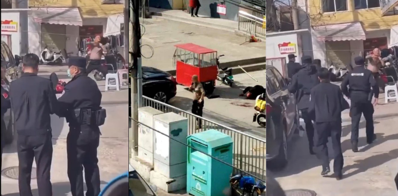 3月29日徐州市鼓楼区下淀 刚从里面放出来就连砍三人 当着特警的面直接抹脖自杀！