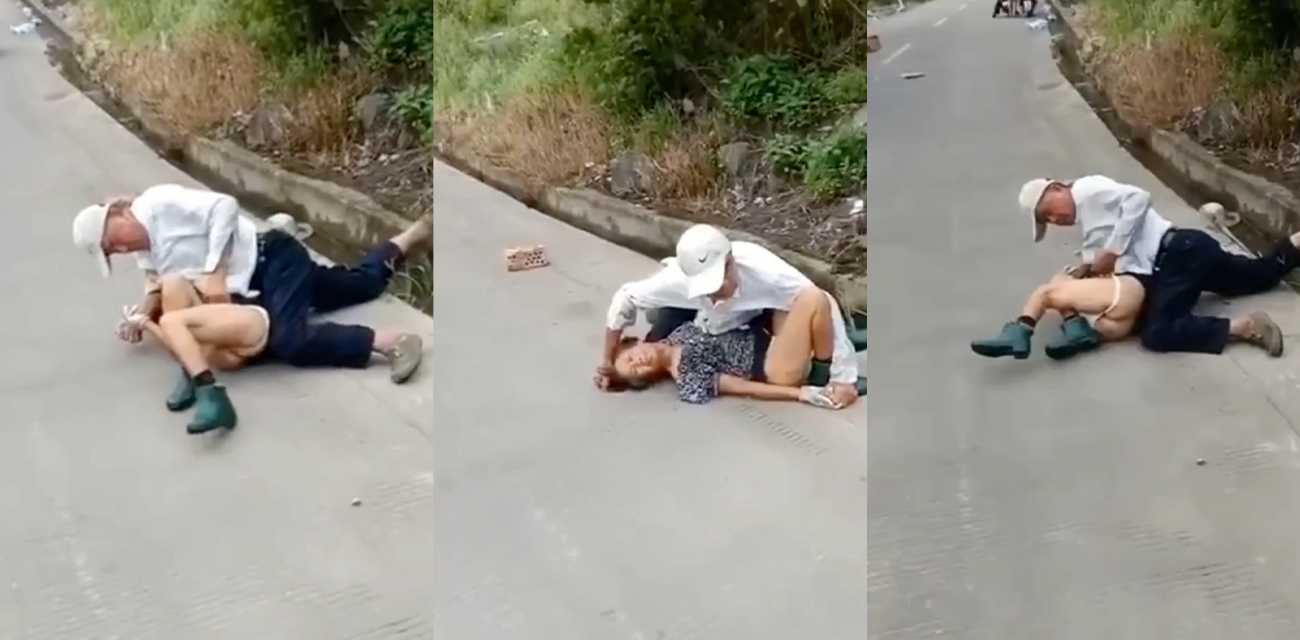 大爷路边看上风韵大妈 直接上前扑倒强行扒衣强奸 大妈奋力反抗誓死不从