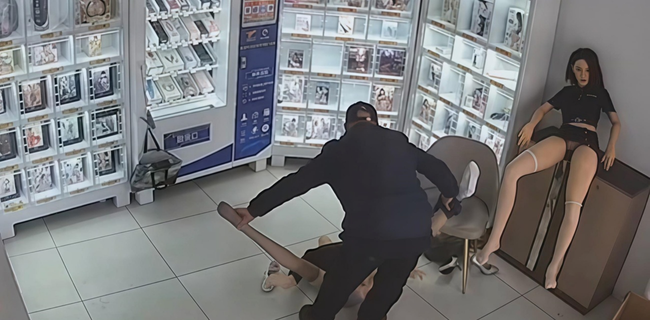 无人售卖情趣店监控画面流出 大爷买充气娃娃现场验货直接开干 真是太搞笑了