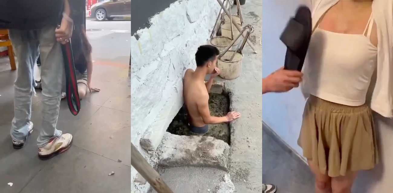 想当网红想疯了 拍低俗视频来博取眼球 当众抽屁股 拖鞋抽奶 甚至还有小伙直接跳进粪坑