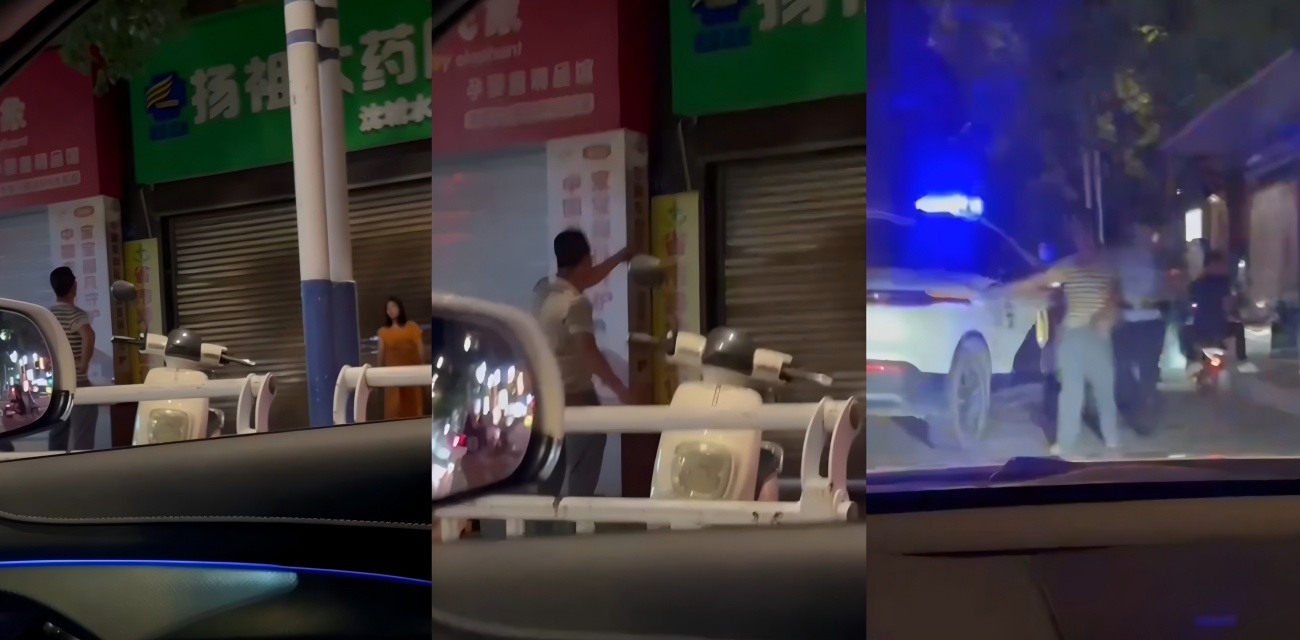 药房老板娘偷情被抓 老公怒踹卷帘门 街头大吵引来吃瓜群众