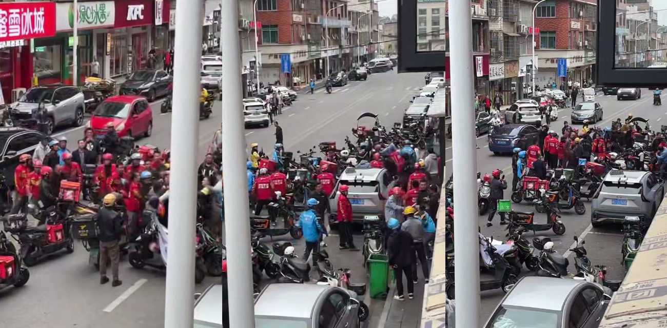 外卖三大巨头街头真实火拼 饿了么骑手大战京东骑手 美团外卖围观助威呐喊