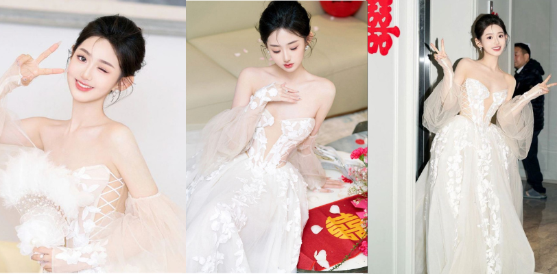 00后白嫩小淫妻酷似赵丽颖，颜值完全不输一线明星，雪白的婚纱底下暗藏着一个漆黑的吃人鲍！