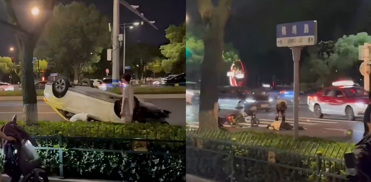 温州绵绣路惊魂车祸 电动车被撞飞 轿车翻绿化带 现场揪心