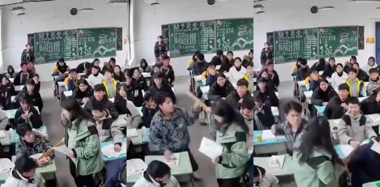 女老师用戒尺教育学生 不料被反击辱骂殴打女老师 班上多位男同学都拉不住