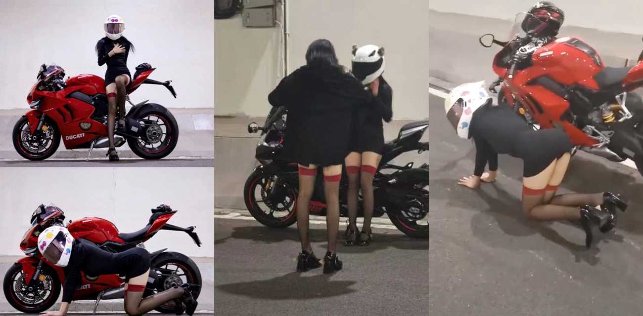 拜金小仙女借用摩友杜卡迪拍照 不料淫水竟控制不住流在了坐垫上 骚臭难闻 车主的心态估计崩了