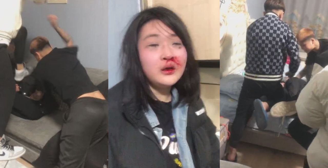 两男两女被一群精神小伙小妹给狂欧五分钟！打的满脸血还不将其放过！
