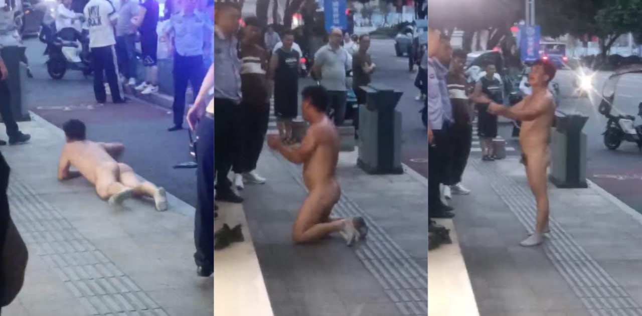 浙江瑞安某人流量很高的大街上惊现裸奔男，居然还一丝不挂的向警察下跪！
