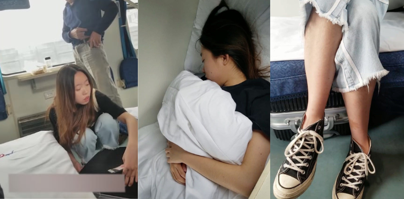 这哥们是真的饿了 火车卧铺趁美女睡着 把匡威鞋偷过来就是一顿操 最后射鞋里