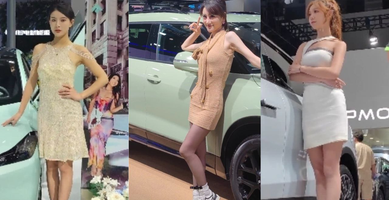 抖音说车博主 抄底美女车模的裙底偷拍 里面白色内裤春光乍现 真有种想要冲上去闻一下的冲动？