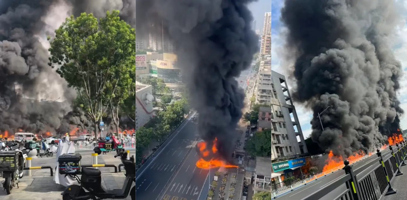 广州海珠工业大道北火线失控 数十电瓶车连环燃烧火线震撼