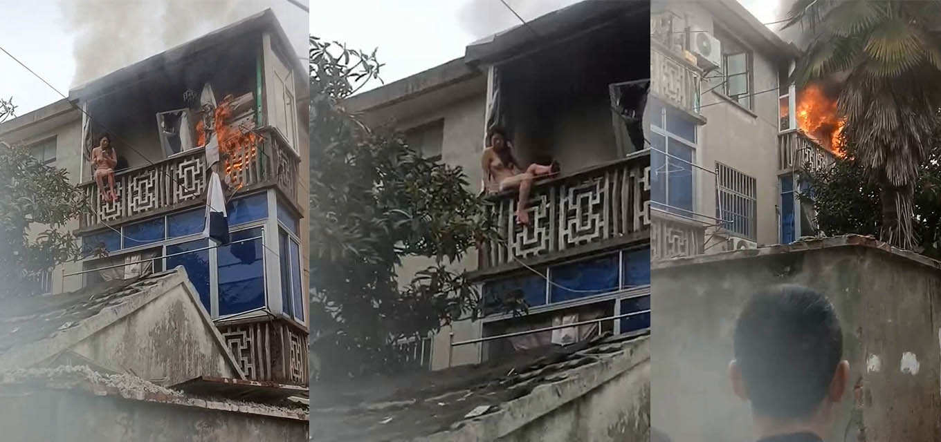 城中村老式居民楼电线短路起火 正在洗澡的美少妇也顾不了那么多了逃命要紧