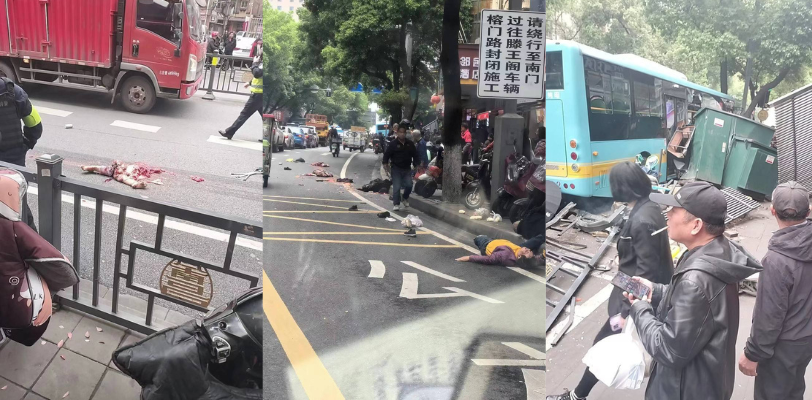 南昌马路上惊现悲剧现场！公交车失控撞向行人现场极度血腥还有被撞断身子的！