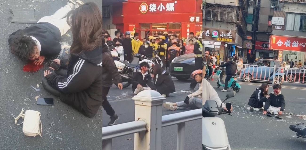 汕头新一城精神小伙带女友飙摩托 撞飞外卖员 自己头破血流女友跪地发呆