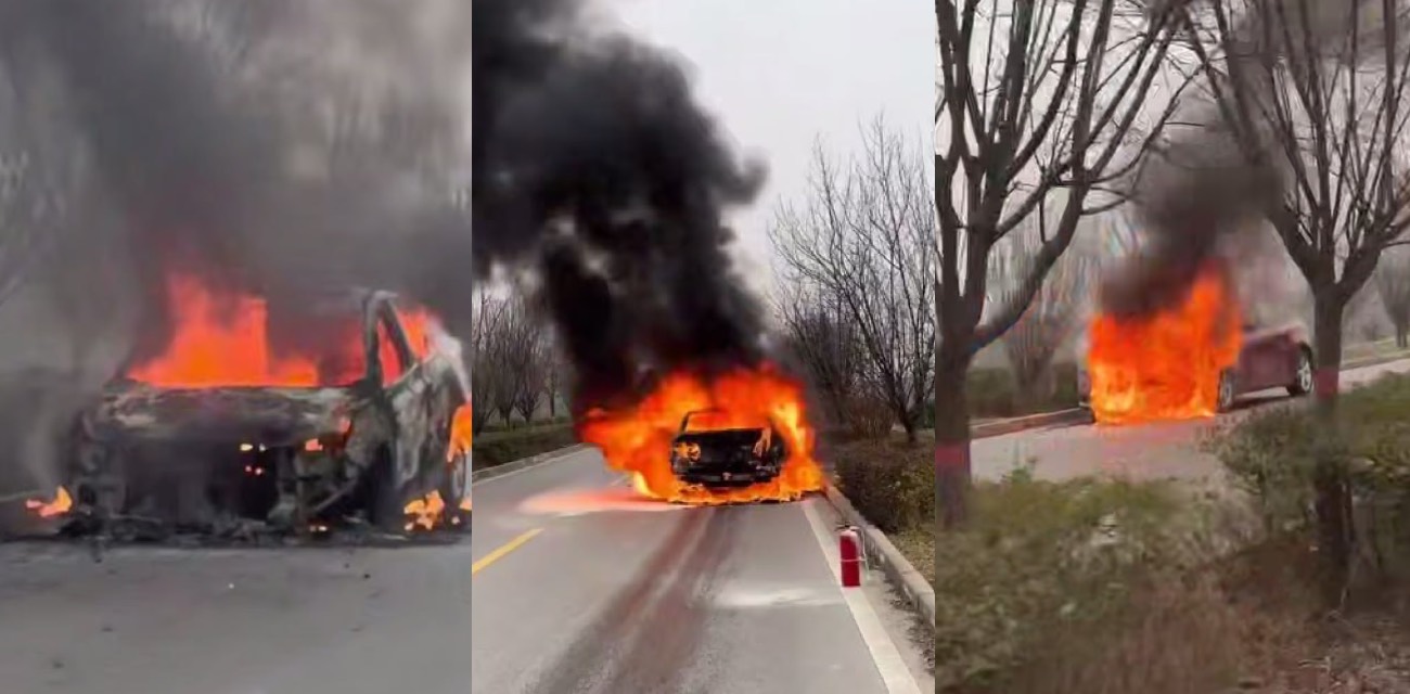 陕西兴平雪弗兰科鲁兹河堤路自燃爆炸 车辆烧成空壳现场浓烟滚滚