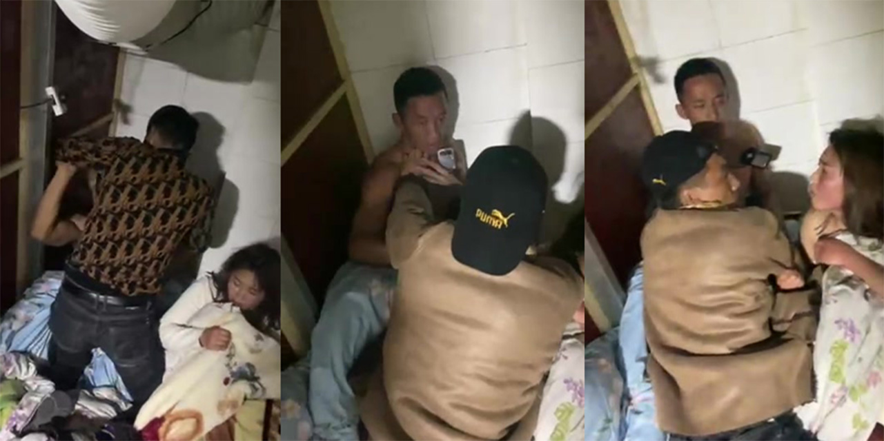 外出打工的妻子出轨 临时夫妻被老公抓奸在床 原配老公直接一个大嘴巴