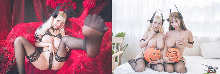 【万圣节系列】巨乳堕落天使艾妃＆菲儿万圣之夜极致揉乳致命挑逗!!