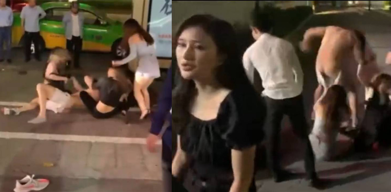 男子喊四个妹子陪酒不给钱 被妹子按在街头暴打 妹子打的太猛奶子都甩出来了