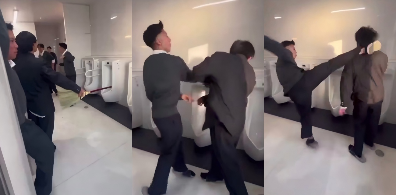 日本真冈北陵高校男厕所的霸凌 扇耳光高踢腿连招 把男孩打得站那不敢动