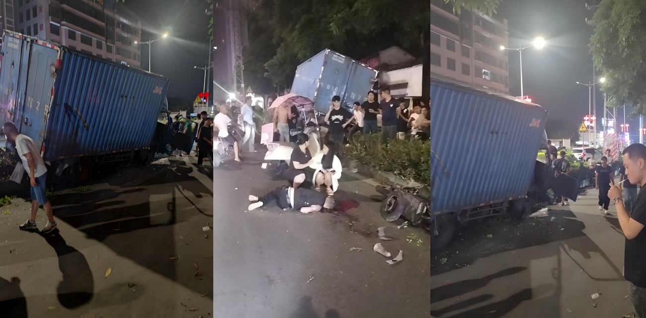 普宁深夜机车撞厢货 机车稀巴烂 骑手血流一地 围观群众心慌慌