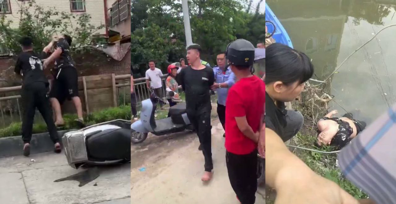 汕头潮阳下厝 男子当街把人扔到河里溺毙 警察到场不救人只拍照留证太冷漠