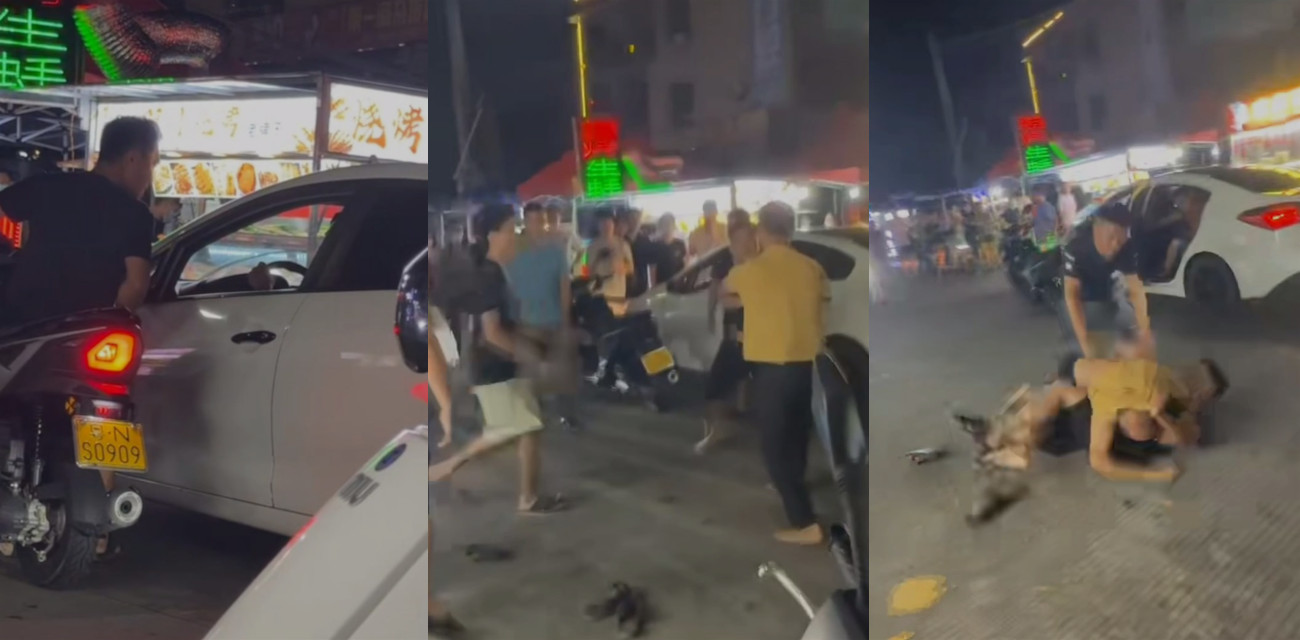 汕尾夜市火爆斗殴 俩汉子剐蹭车子引发矛盾 拳拳到肉下车互殴 街头真人PK秀