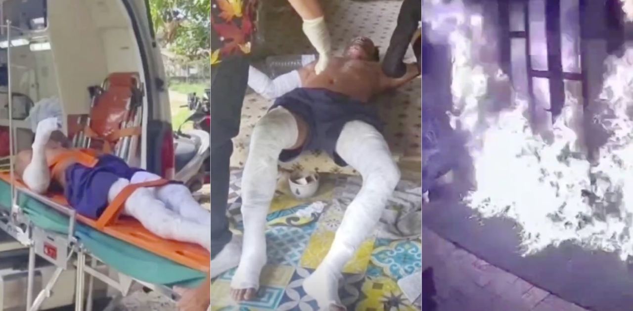 泰国老铁笑死人,邻里纠纷想去一把火烧了邻居,反被自己的汽油引火自焚!
