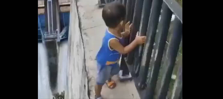 小孩栏杆玩耍普通画面 后期特效加工后瞬间惊心动魄 眼见不一定为实