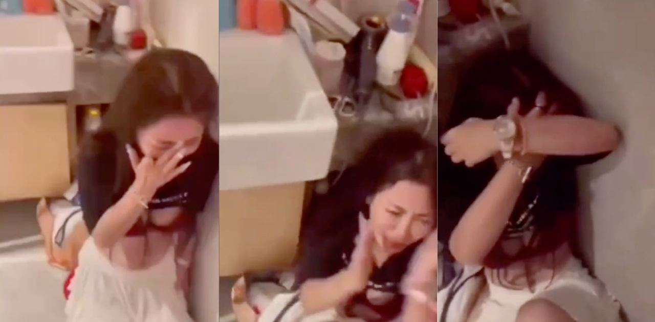 抓奸现场 奶子真的好大 就那么被按在卫生间 被抓着头发就是一顿殴打