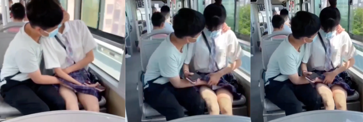 小年轻真牛逼公交车上直接抠逼整活，女生被抠到直发抖，都不顾他人偷拍