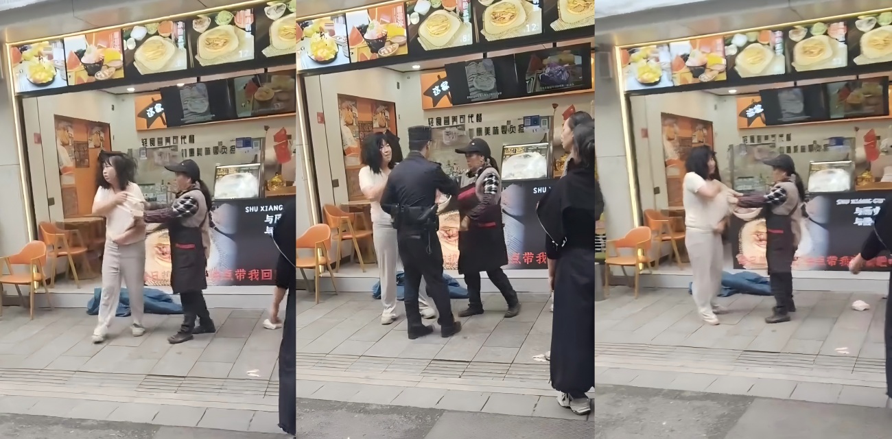 株洲蜀香锅盔店 妹子吃完不给钱 衣服被扯露膀子 躺地哭没钱 撒泼打滚