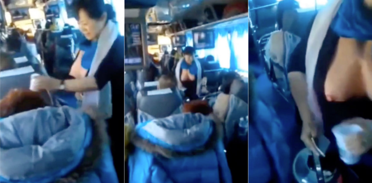 长途客车上阿姨一边露出奶子一边服务者乘客倒水！
