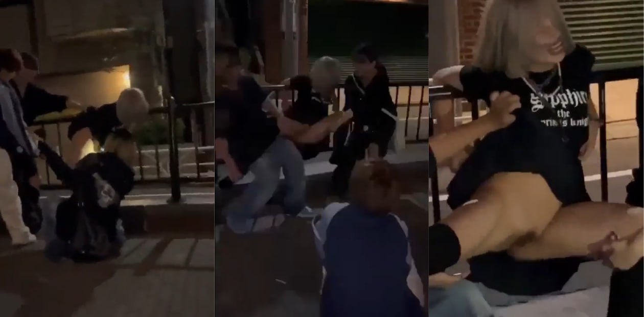 网传日本真实性侵！日本少女街头遭混混调戏！手扣锁铁栏强除内裤玩下体！