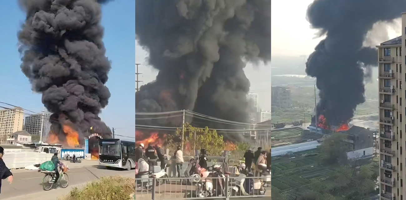 浙江台州椒江东丰村场地突发大火 火势猛烈黑烟冲天 从起火到黑烟弥漫仅片刻