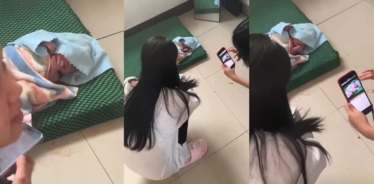 女生宿舍厕所大白天生娃 血脚印满地 姐妹们忙活 手机咔咔拍不停