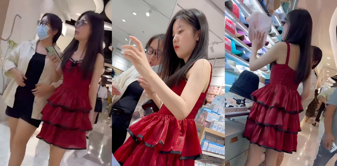 户外露出极品！红裙小姐姐商场逛街 裙底风光全曝光 翘臀鲍鱼超吸睛