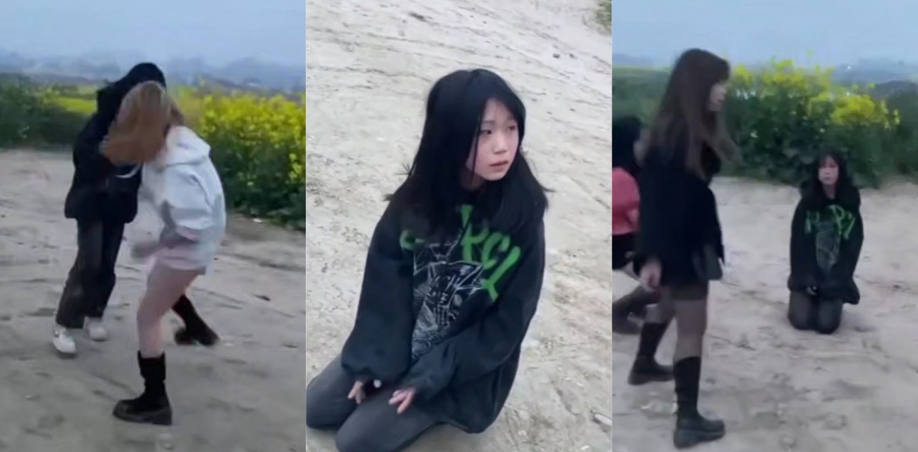 四川黄花菜地霸凌事件 清纯短发小妹被一群精神小伙围殴到跪地磕头求饶
