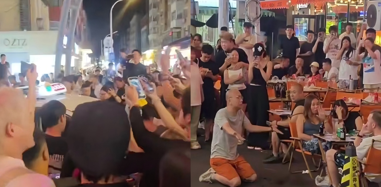 长春桂林路凌晨大乱 光头大哥醉酒跪老外 群众怒吼 快滚出东北