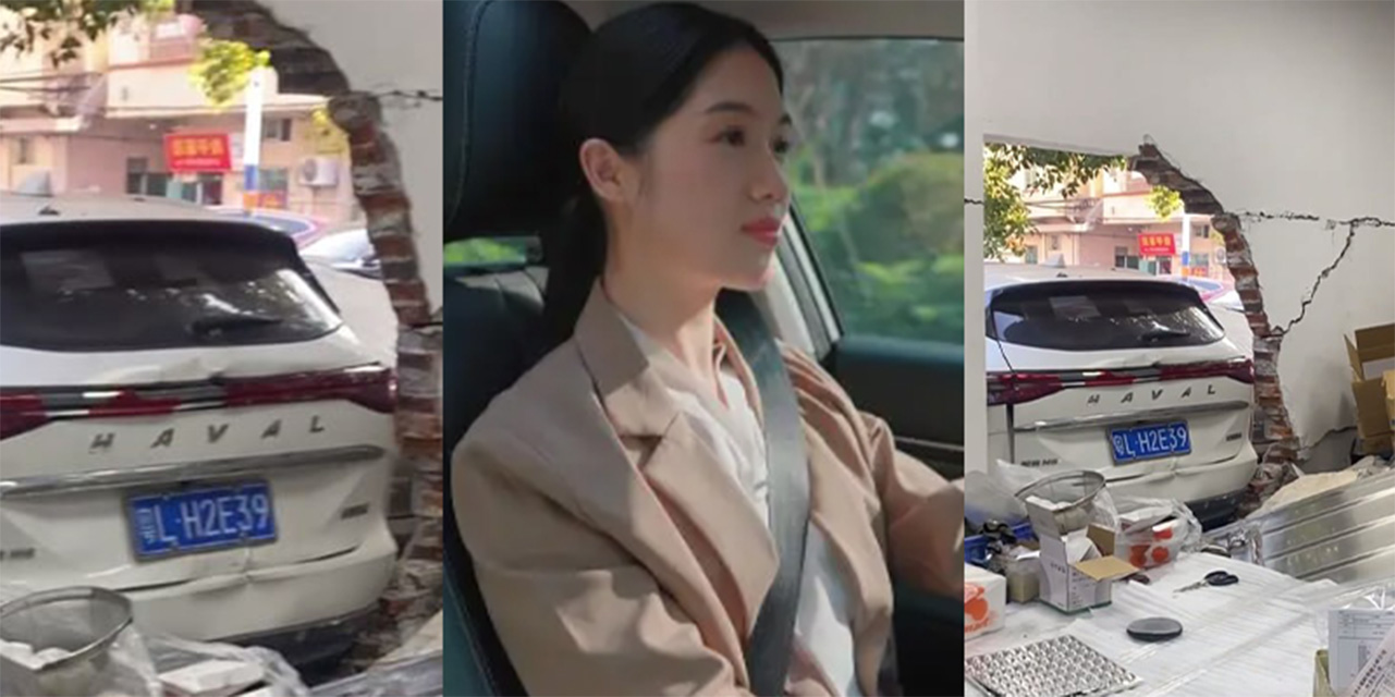惠州女司机神级穿墙 墙倒了车只凹一点点 不是一般的牛逼